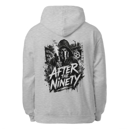 Heather grey pullover hoodie with large back graphic print and hood drawstrings.