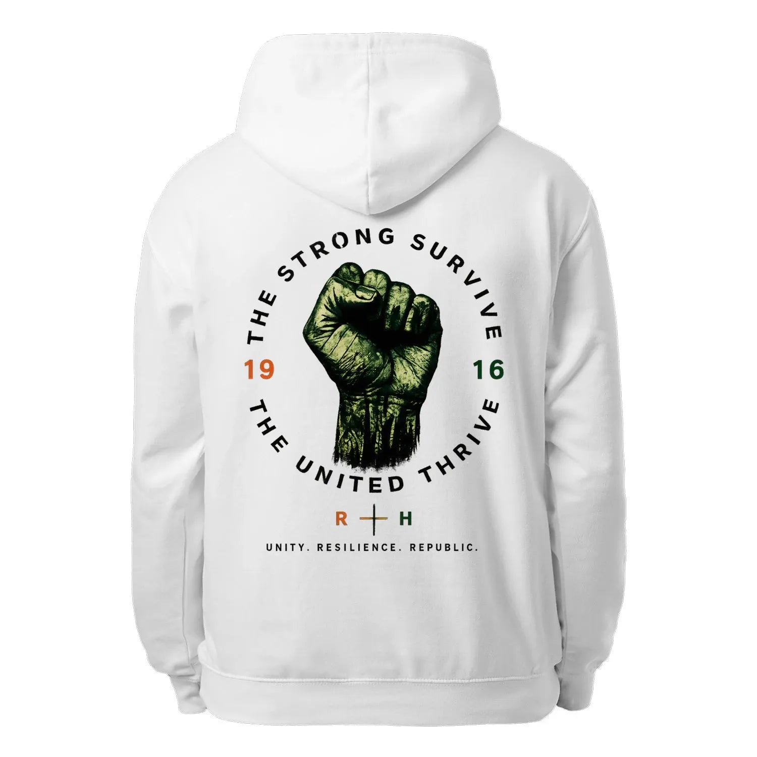 White unisex hoodie with back graphic print, hood, drawstrings, and front pouch pocket