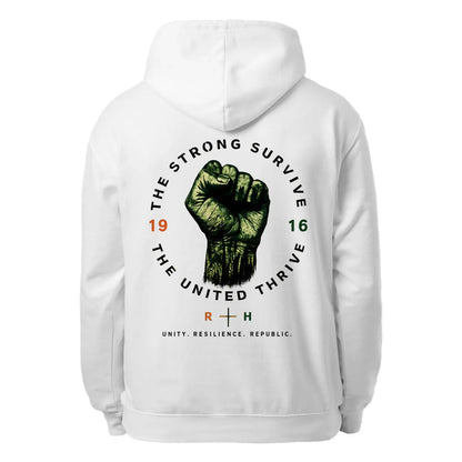 White unisex hoodie with back graphic print, hood, drawstrings, and front pouch pocket
