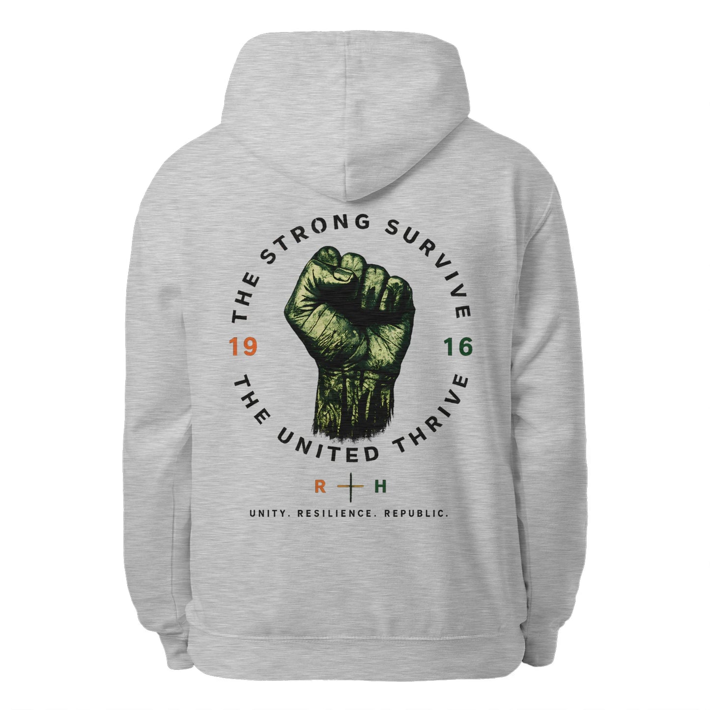 Heather grey unisex hoodie with back graphic print, hood, and drawstrings