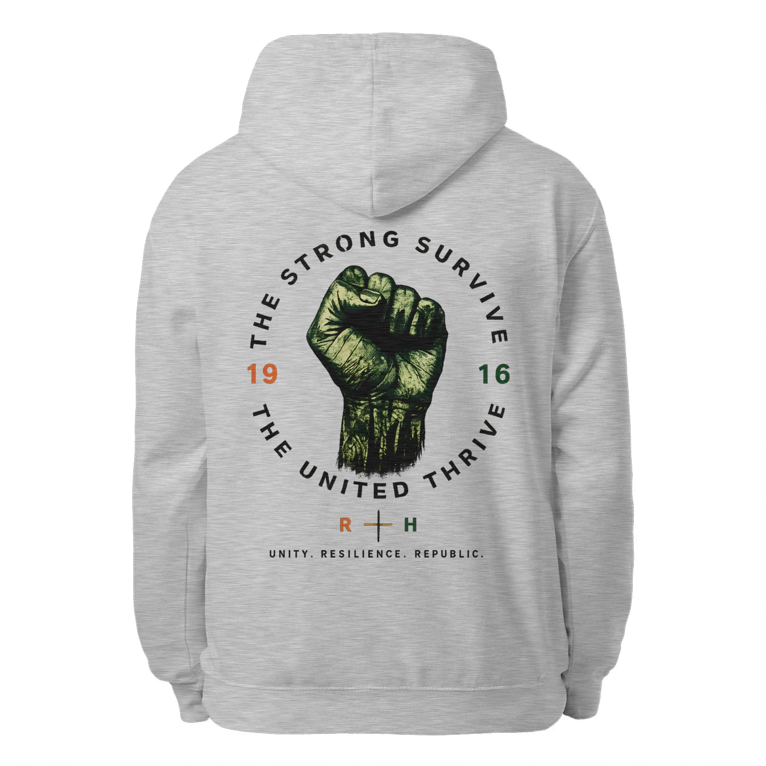 Heather grey unisex hoodie with back graphic print, hood, and drawstrings
