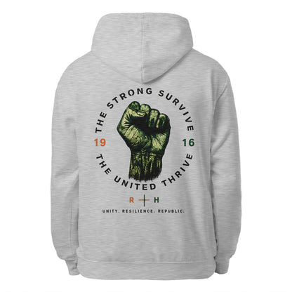 Heather grey unisex hoodie with back graphic print, hood, and drawstrings