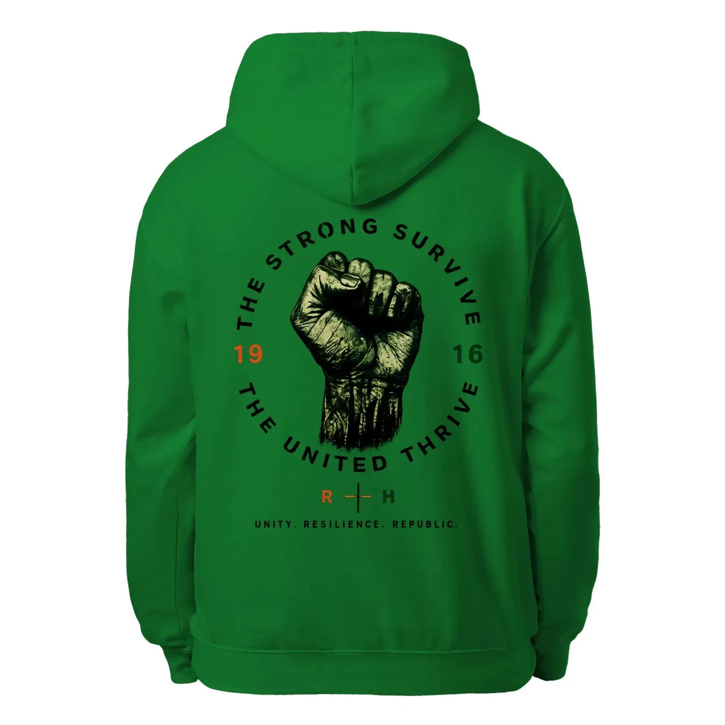 Kelly green unisex hoodie with back fist graphic, hood, drawstrings, and front pouch pocket