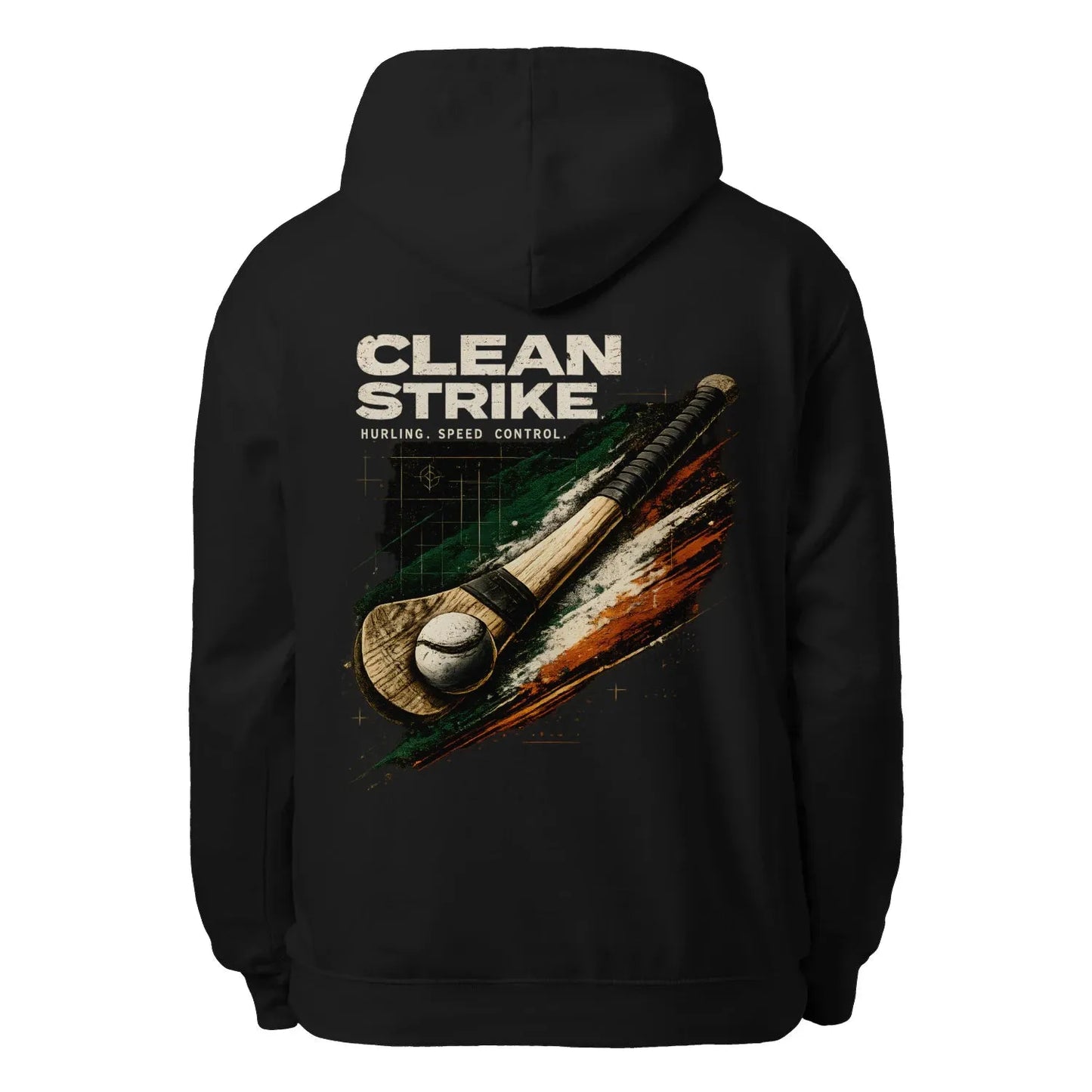 Black unisex hoodie with large back graphic print and hurling stick illustration