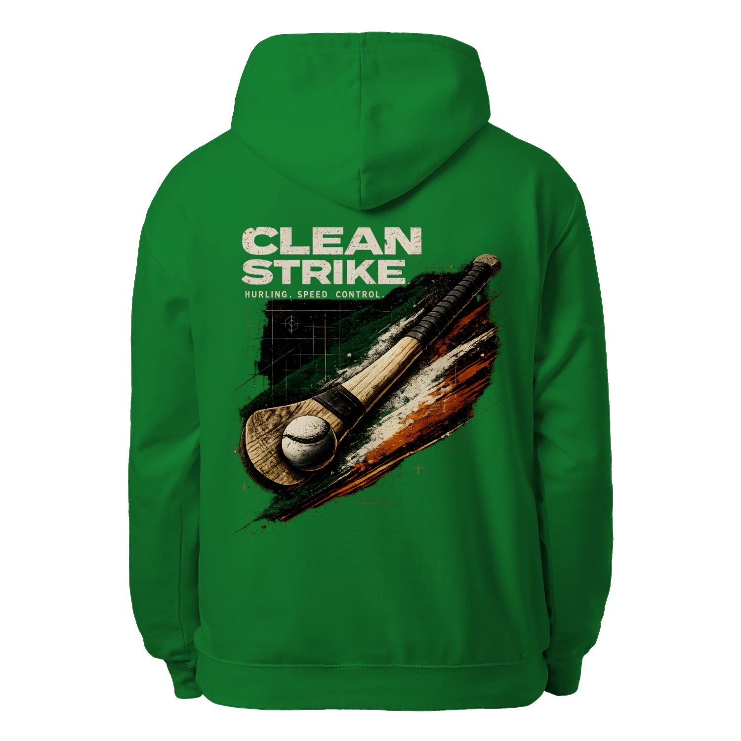 Kelly green unisex hoodie with large back graphic print and hurling stick illustration