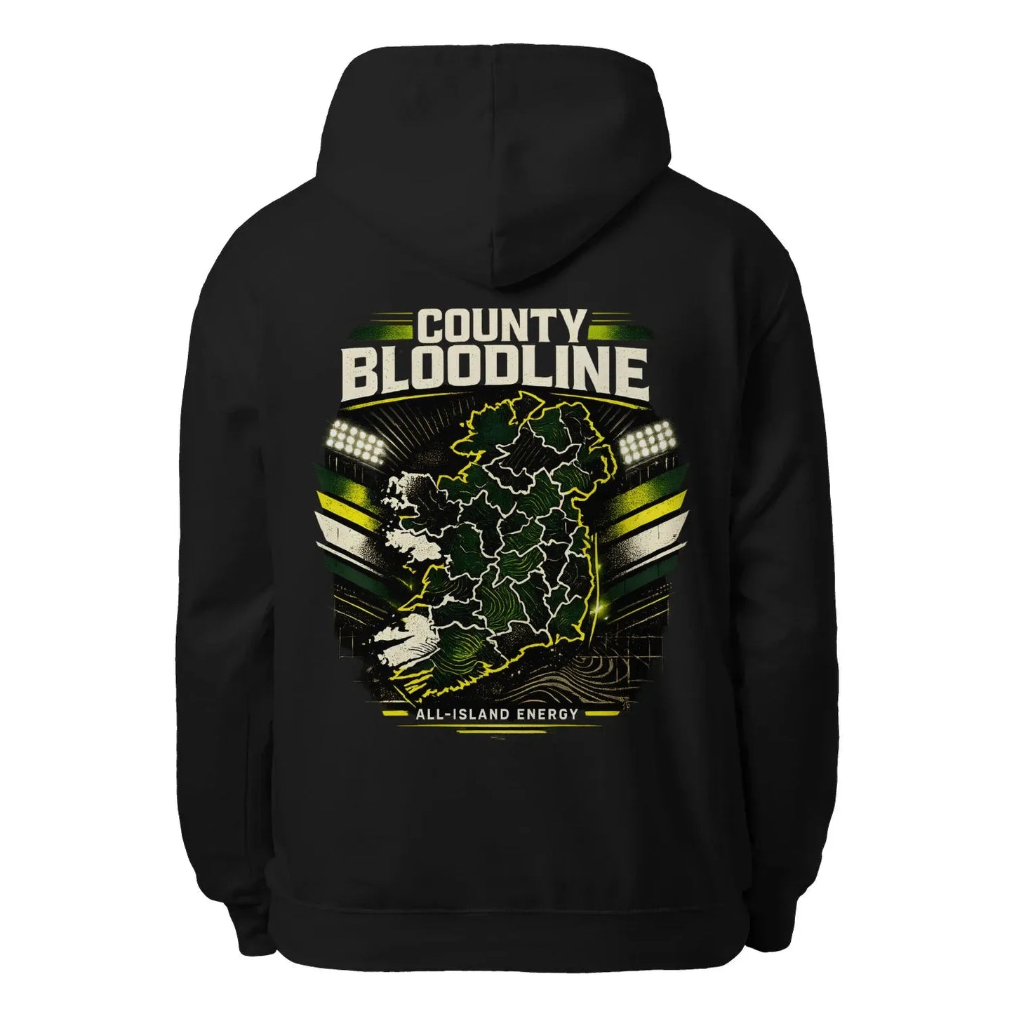 Black pullover hoodie with large back graphic: County Bloodline All-Island Energy