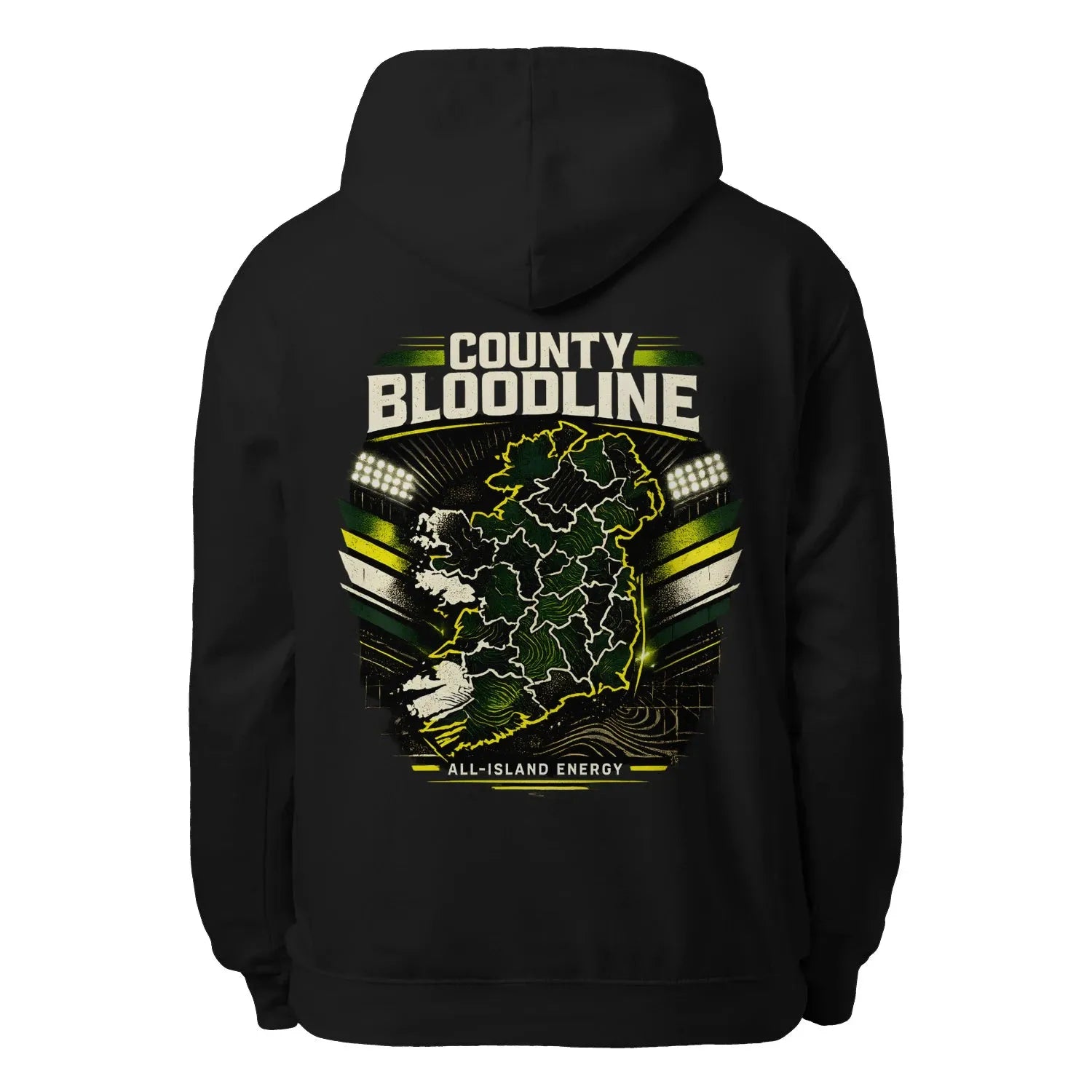 Black pullover hoodie with large back graphic: County Bloodline All-Island Energy