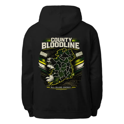 Black pullover hoodie with large back graphic: County Bloodline All-Island Energy