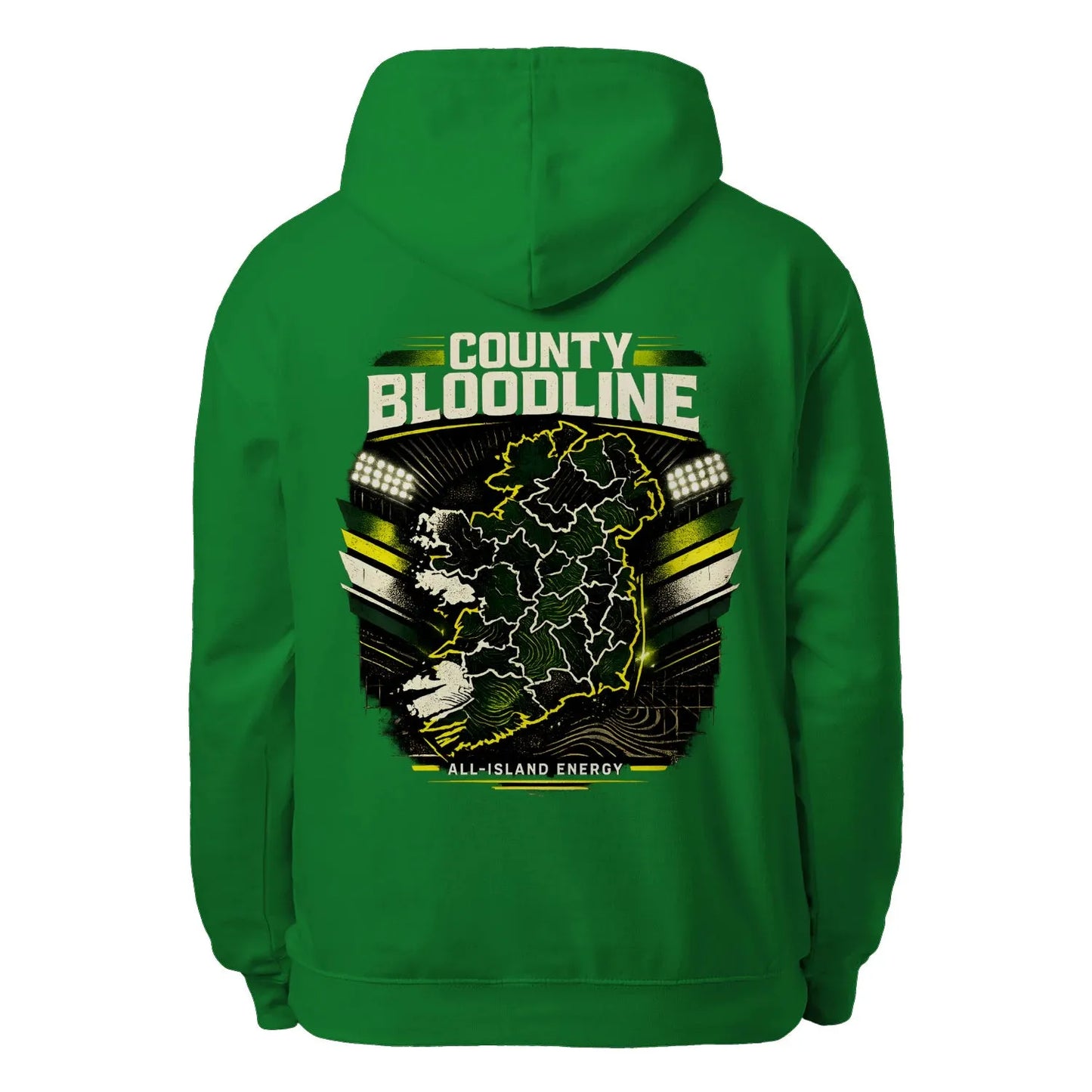 Green pullover hoodie with large back graphic: County Bloodline All-Island Energy