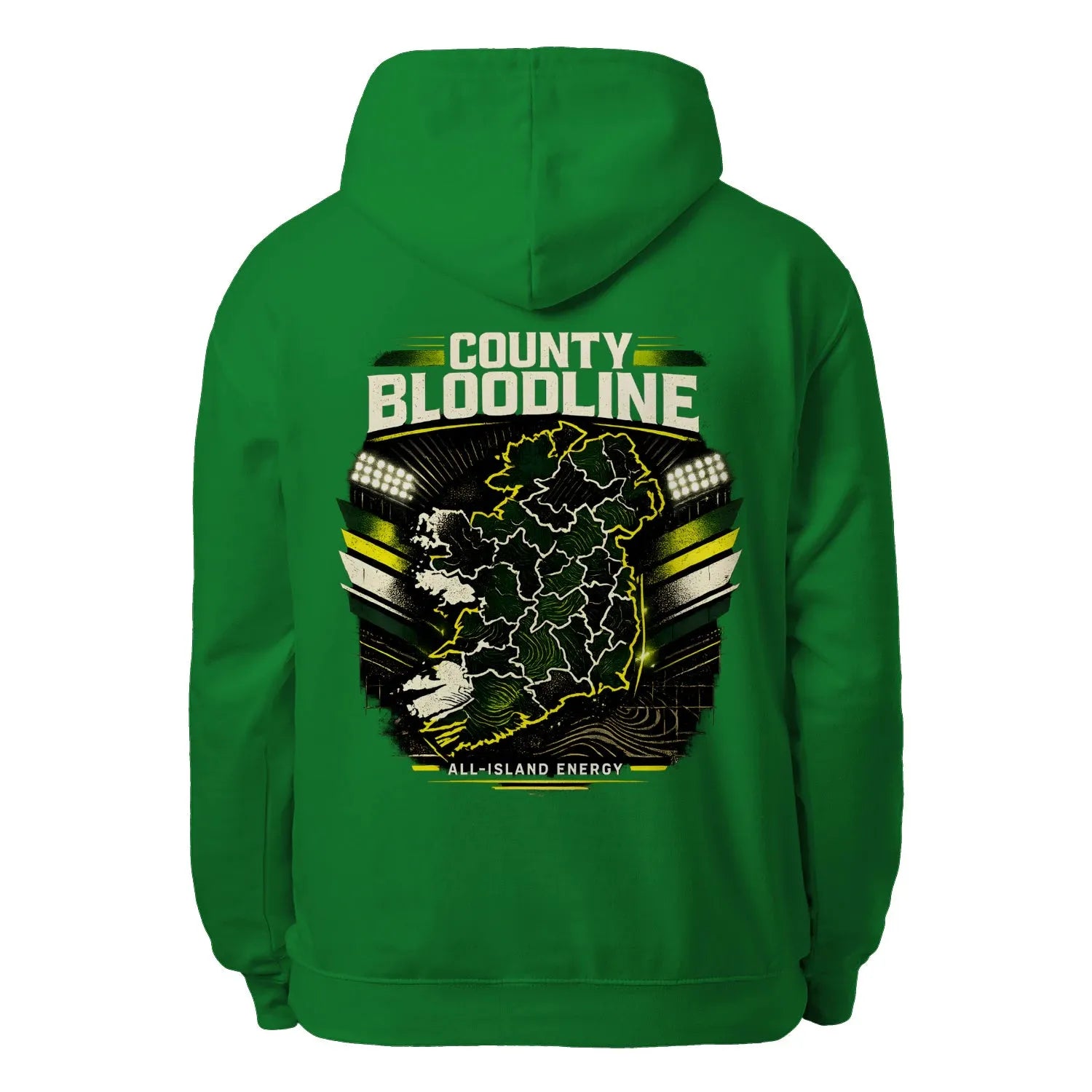 Green pullover hoodie with large back graphic: County Bloodline All-Island Energy