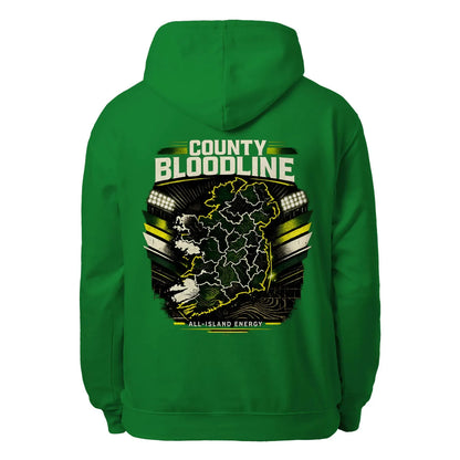 Green pullover hoodie with large back graphic: County Bloodline All-Island Energy