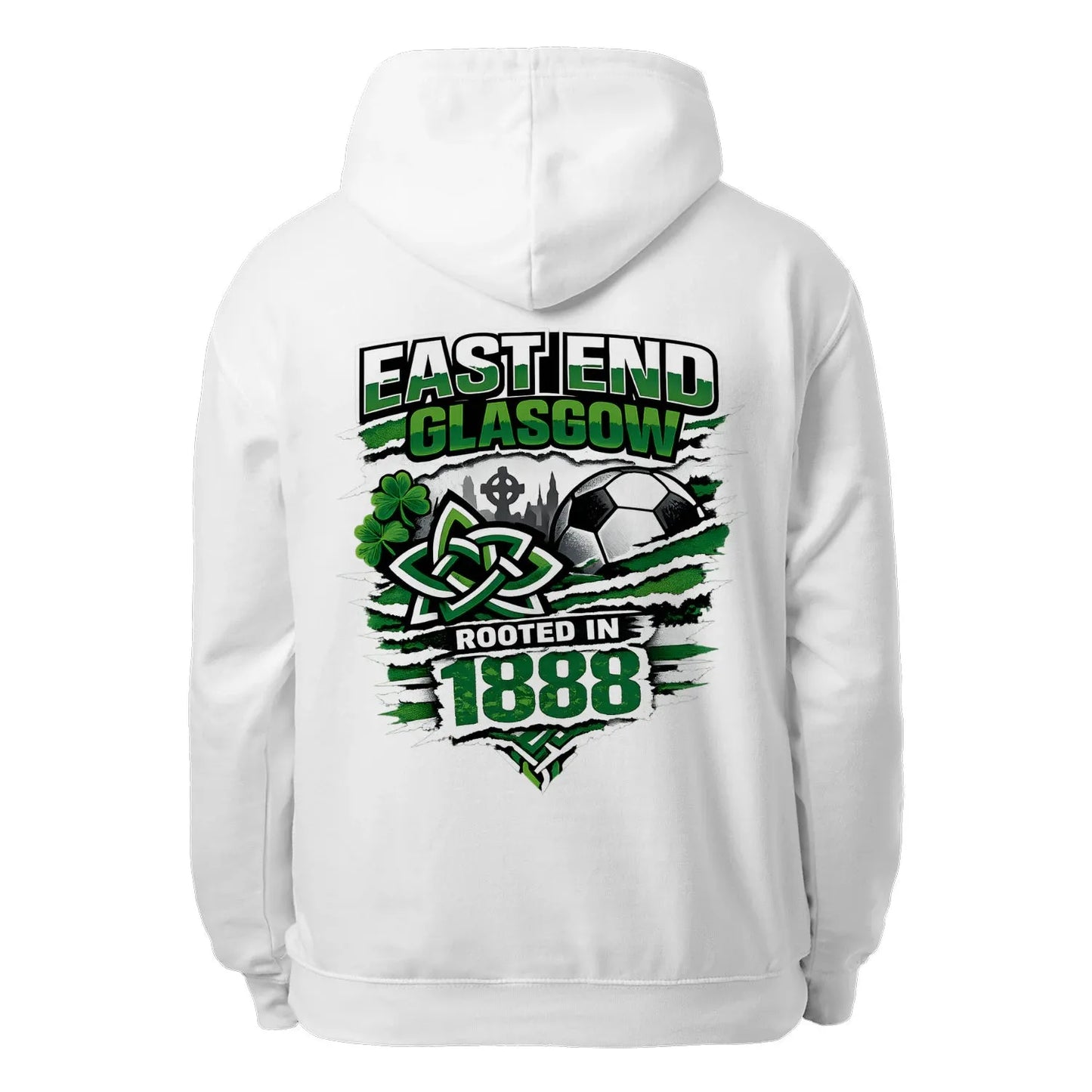 White pullover hoodie with large back graphic print and hood drawstrings