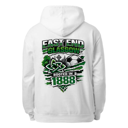 White pullover hoodie with large back graphic print and hood drawstrings