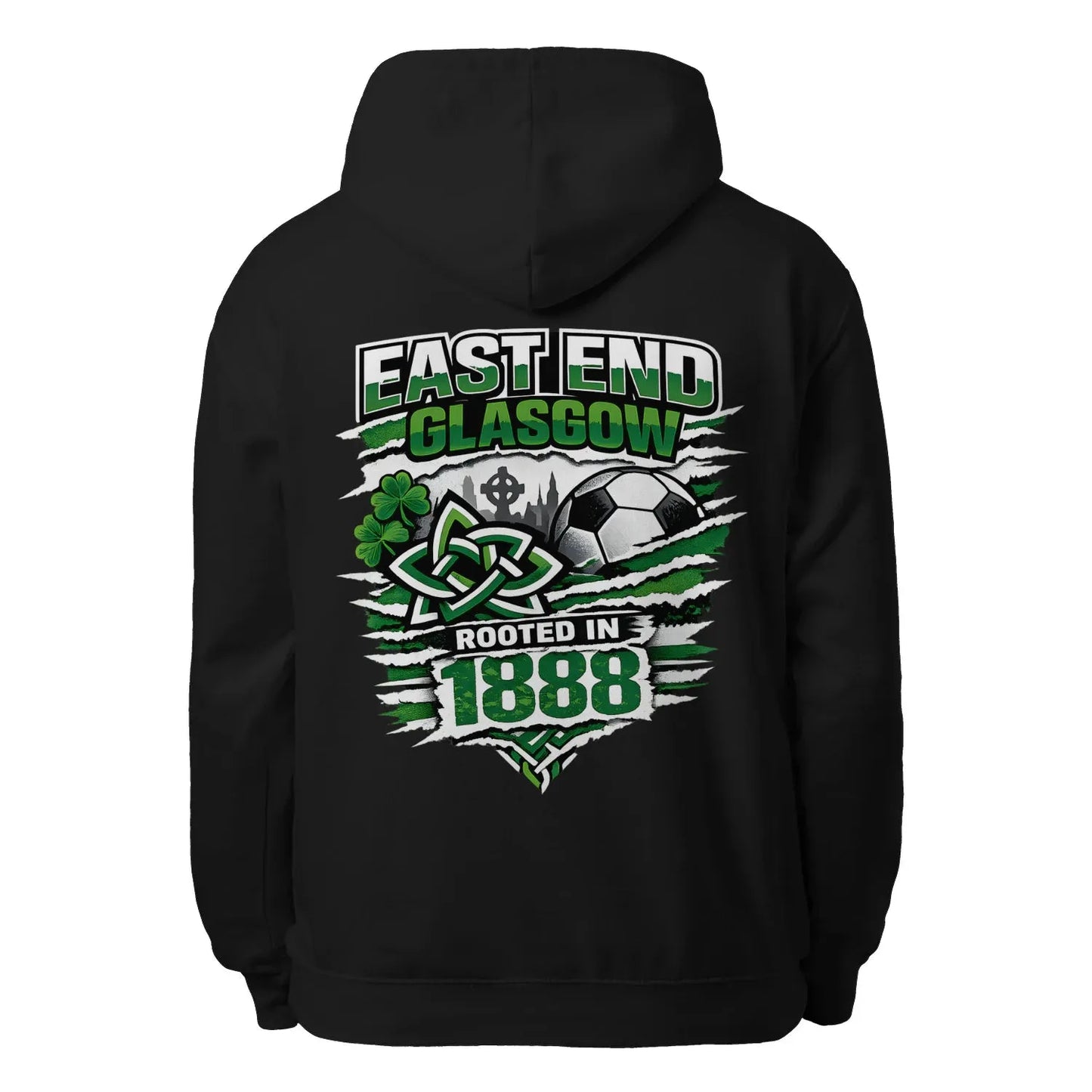 Black pullover hoodie with large back graphic print, hood with drawstrings