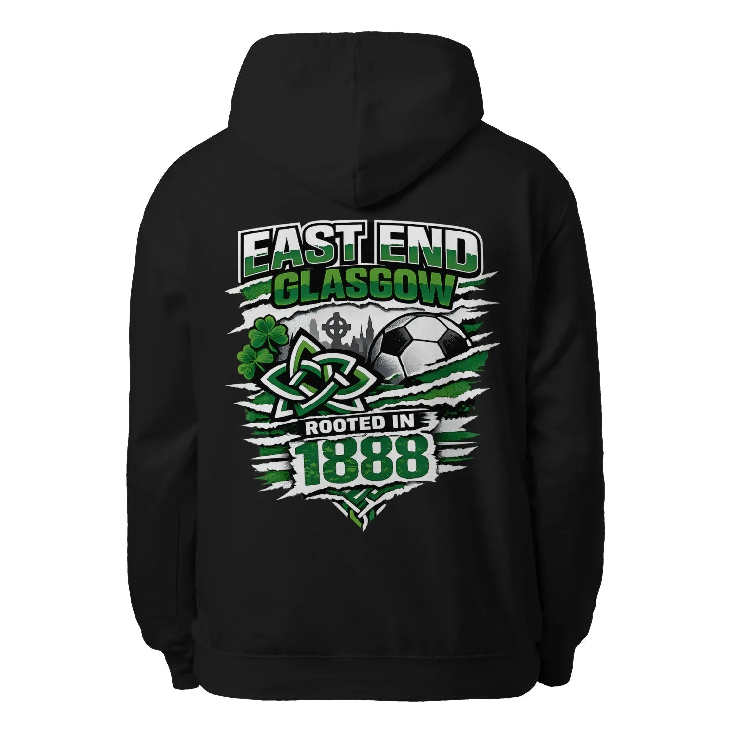 Black pullover hoodie with large back graphic print, hood with drawstrings