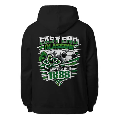 Black pullover hoodie with large back graphic print, hood with drawstrings