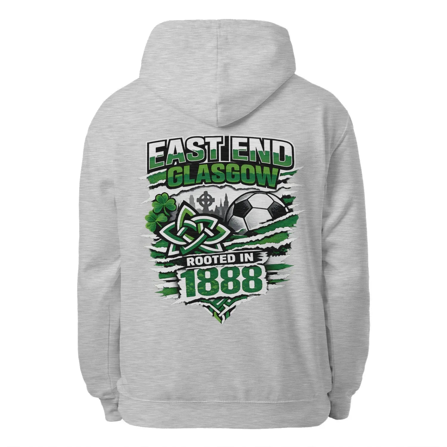 Heather gray pullover hoodie with large back graphic print and hood drawstrings