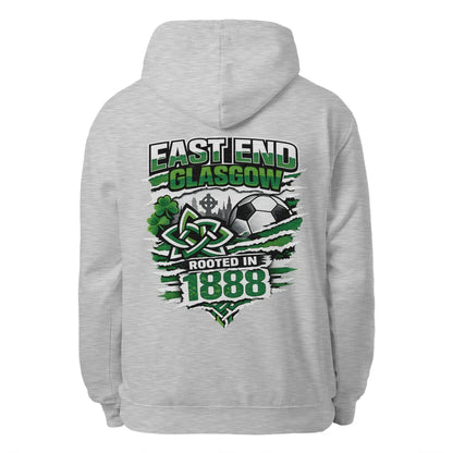 Heather gray pullover hoodie with large back graphic print and hood drawstrings
