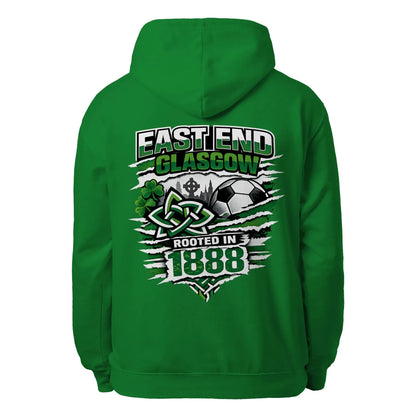 Green pullover hoodie with large back graphic print and hood drawstrings