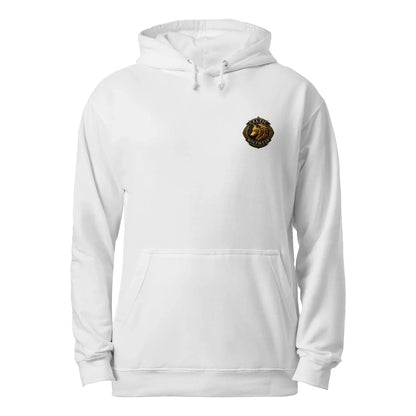 White pullover hoodie with hood, drawstrings, small chest crest patch, back view