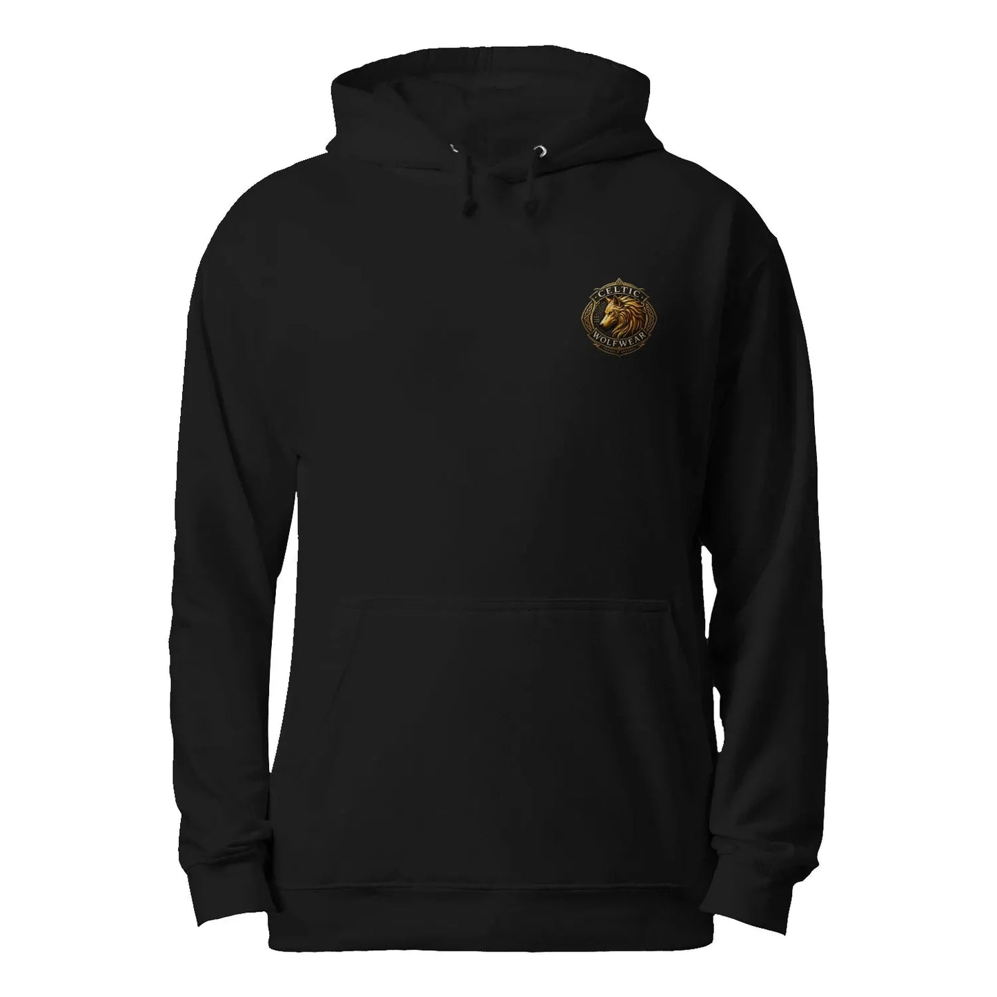 Black pullover hoodie with hood, drawstrings, front pouch pocket, small chest crest patch