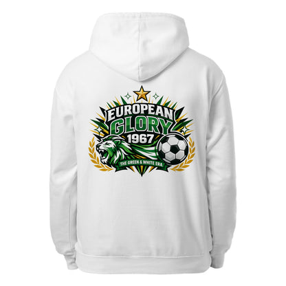 White pullover hoodie with hood and pouch pocket, European Glory 1967 back logo