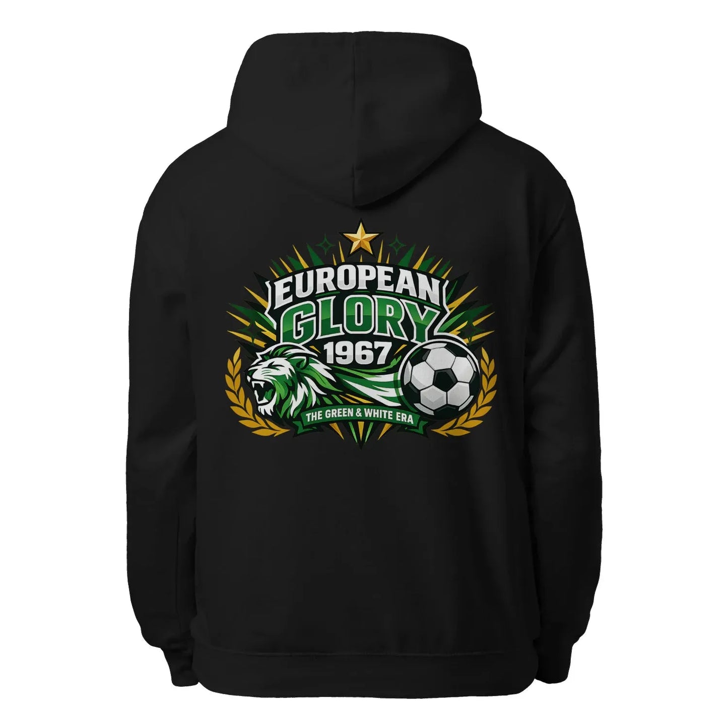 Black pullover hoodie with hood and pouch pocket, large European Glory 1967 back logo
