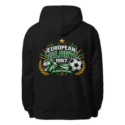 Black pullover hoodie with hood and pouch pocket, large European Glory 1967 back logo