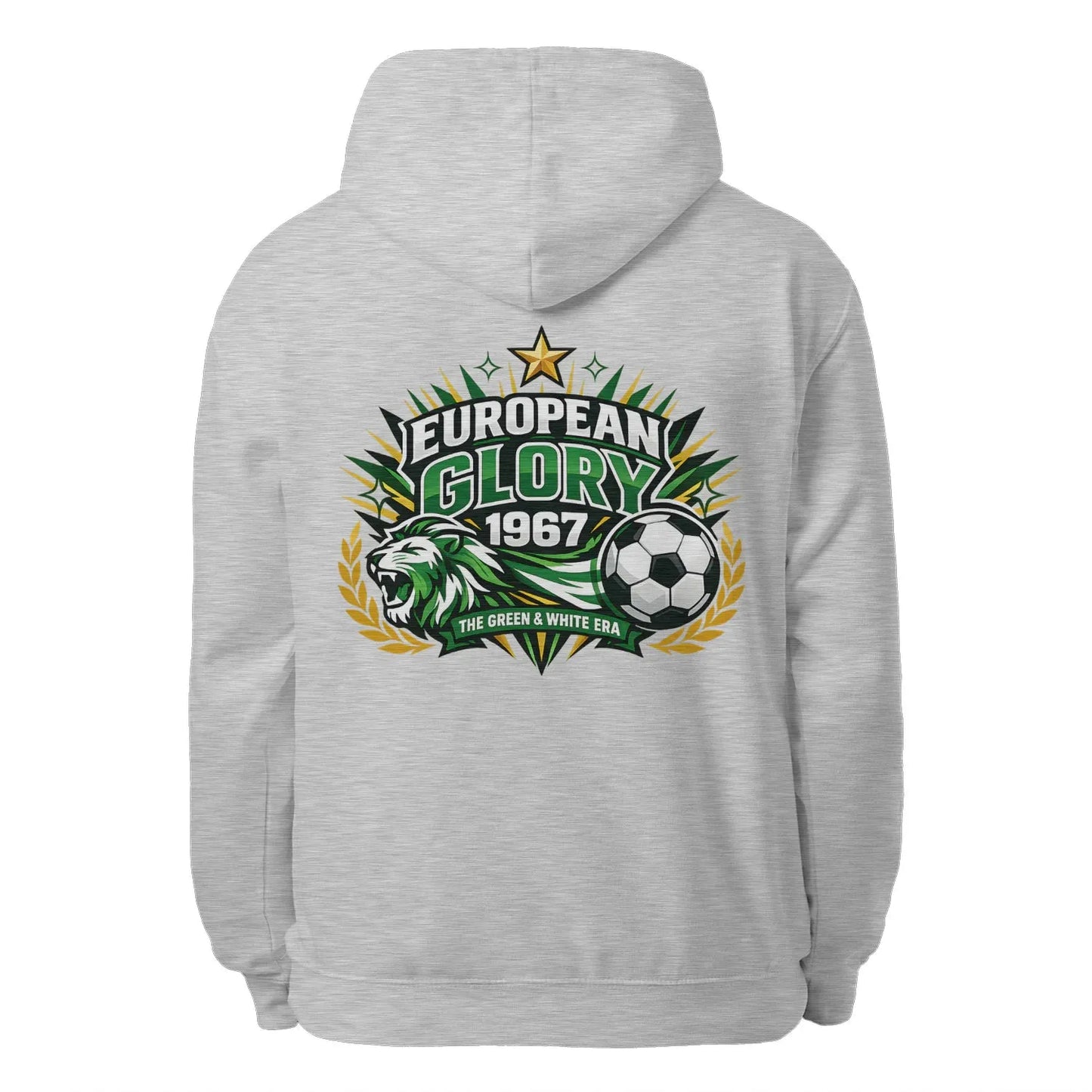 Heather gray pullover hoodie with hood and pouch pocket, European Glory 1967 front logo