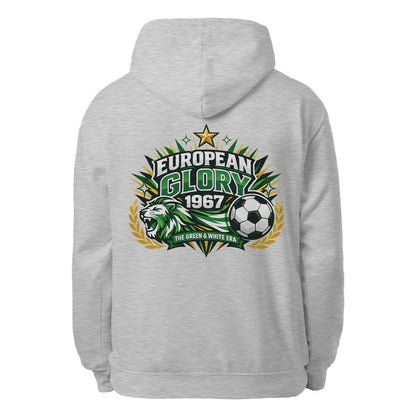 Heather gray pullover hoodie with hood and pouch pocket, European Glory 1967 front logo