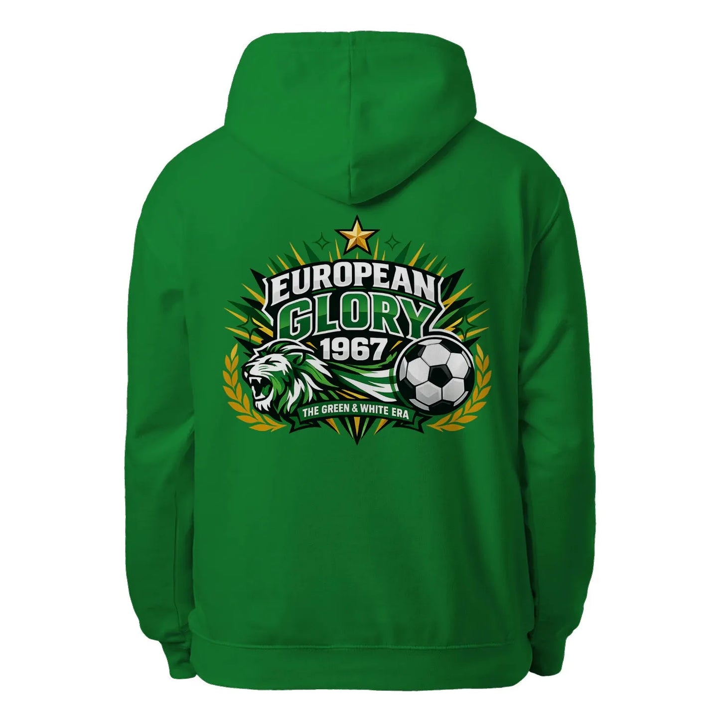Green pullover hoodie with hood and pouch pocket, European Glory 1967 back logo