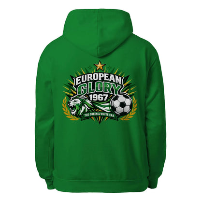 Green pullover hoodie with hood and pouch pocket, European Glory 1967 back logo