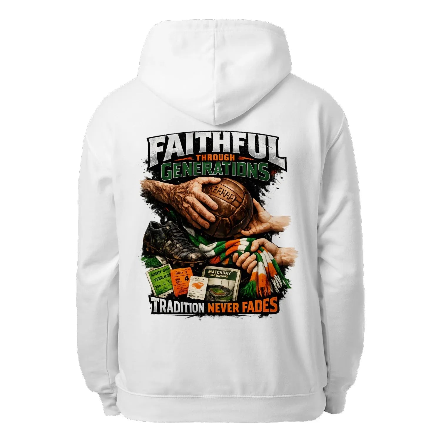 White unisex pullover hoodie with large back graphic print and hood