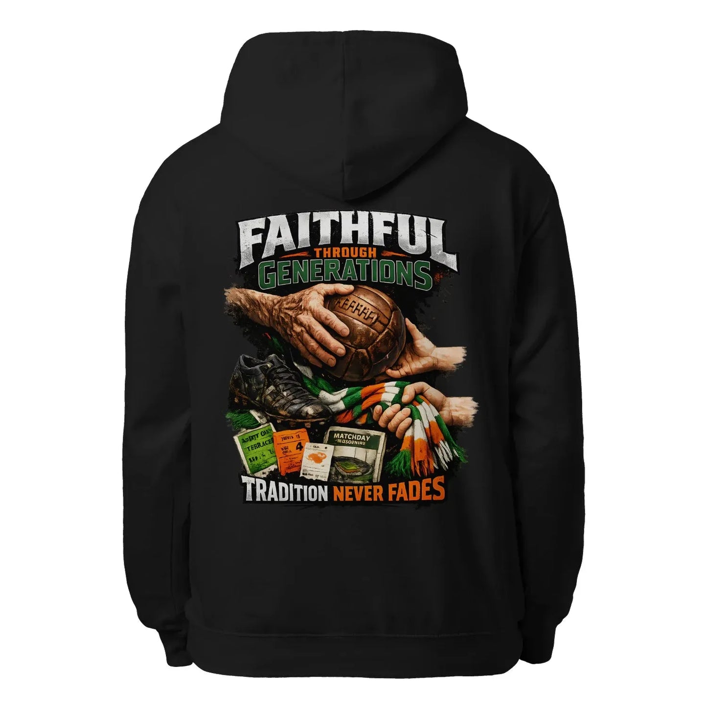 Black unisex pullover hoodie with large back graphic print and hood