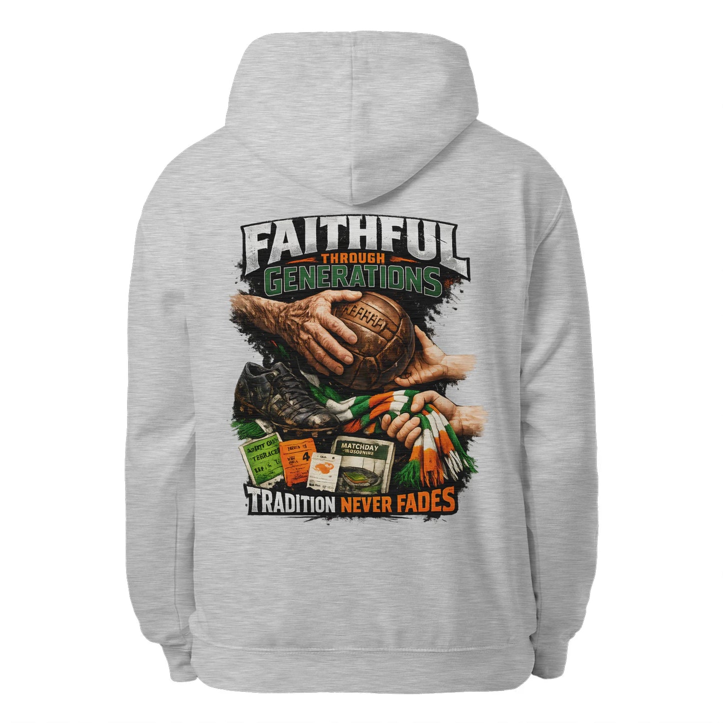 Heather grey unisex pullover hoodie with large back graphic print and hood