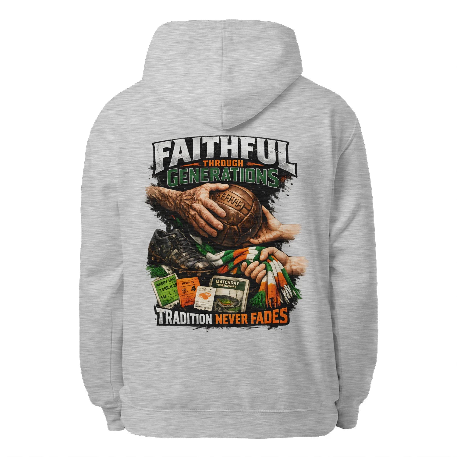 Heather grey unisex pullover hoodie with large back graphic print and hood