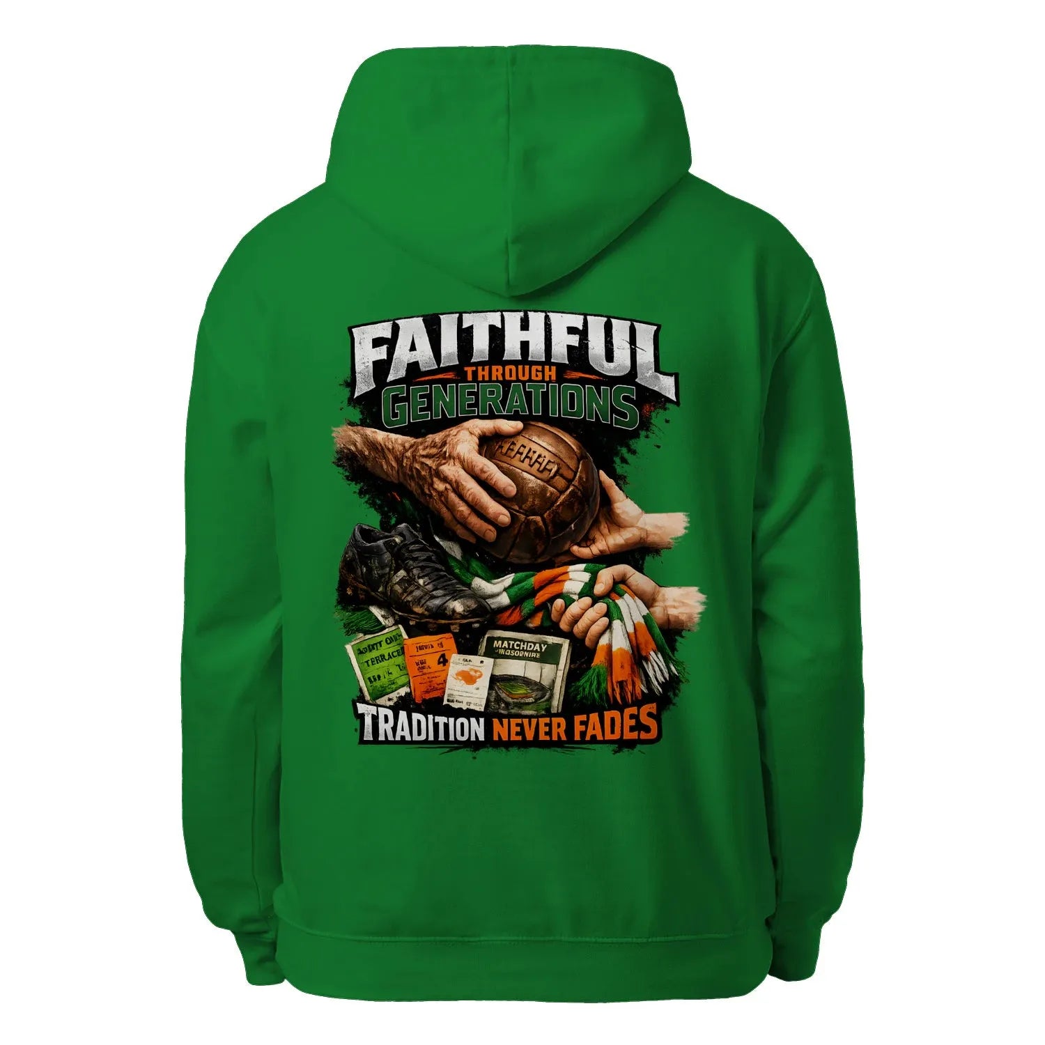 Kelly green unisex pullover hoodie with large back graphic print and hood