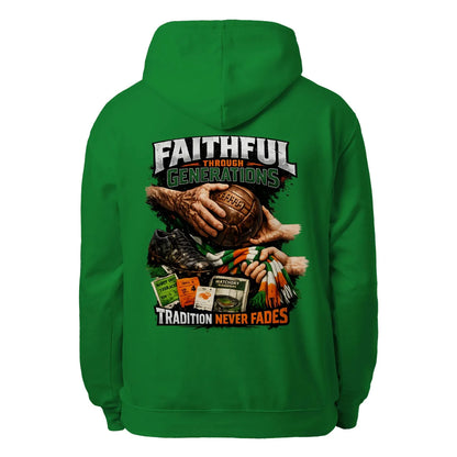 Kelly green unisex pullover hoodie with large back graphic print and hood
