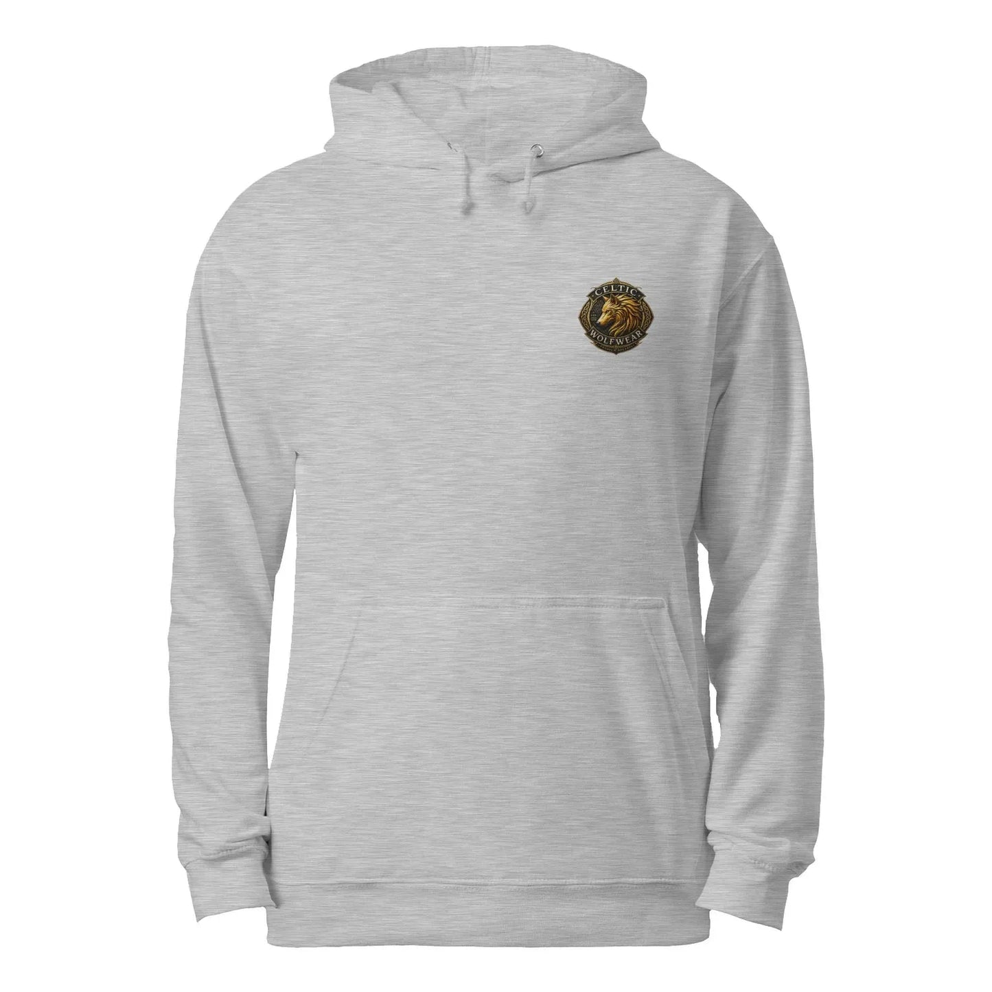 Heather grey unisex hoodie with hood drawstrings, kangaroo pocket, small chest emblem