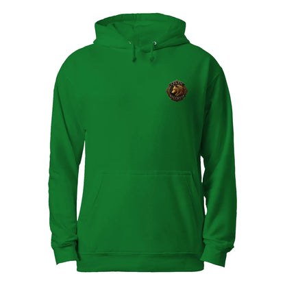 Kelly green unisex hoodie with hood drawstrings, kangaroo pocket, small chest emblem