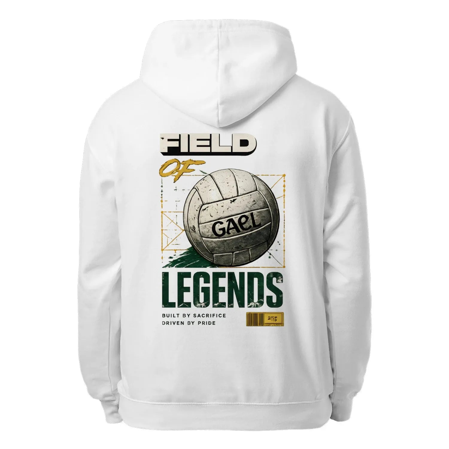 White unisex hoodie with large back print: Field of Legends graphic and text