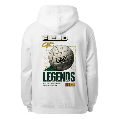 White unisex hoodie with large back print: Field of Legends graphic and text