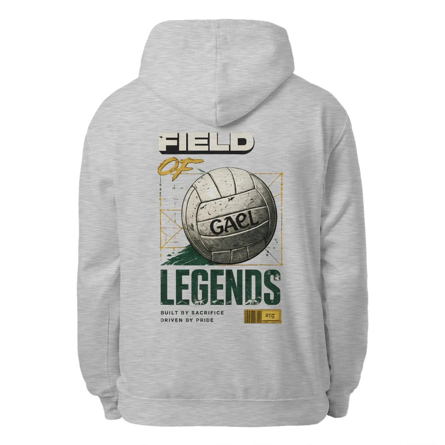 Heather grey unisex hoodie with large back print: Field of Legends graphic and text