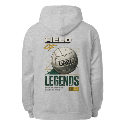 Heather grey unisex hoodie with large back print: Field of Legends graphic and text