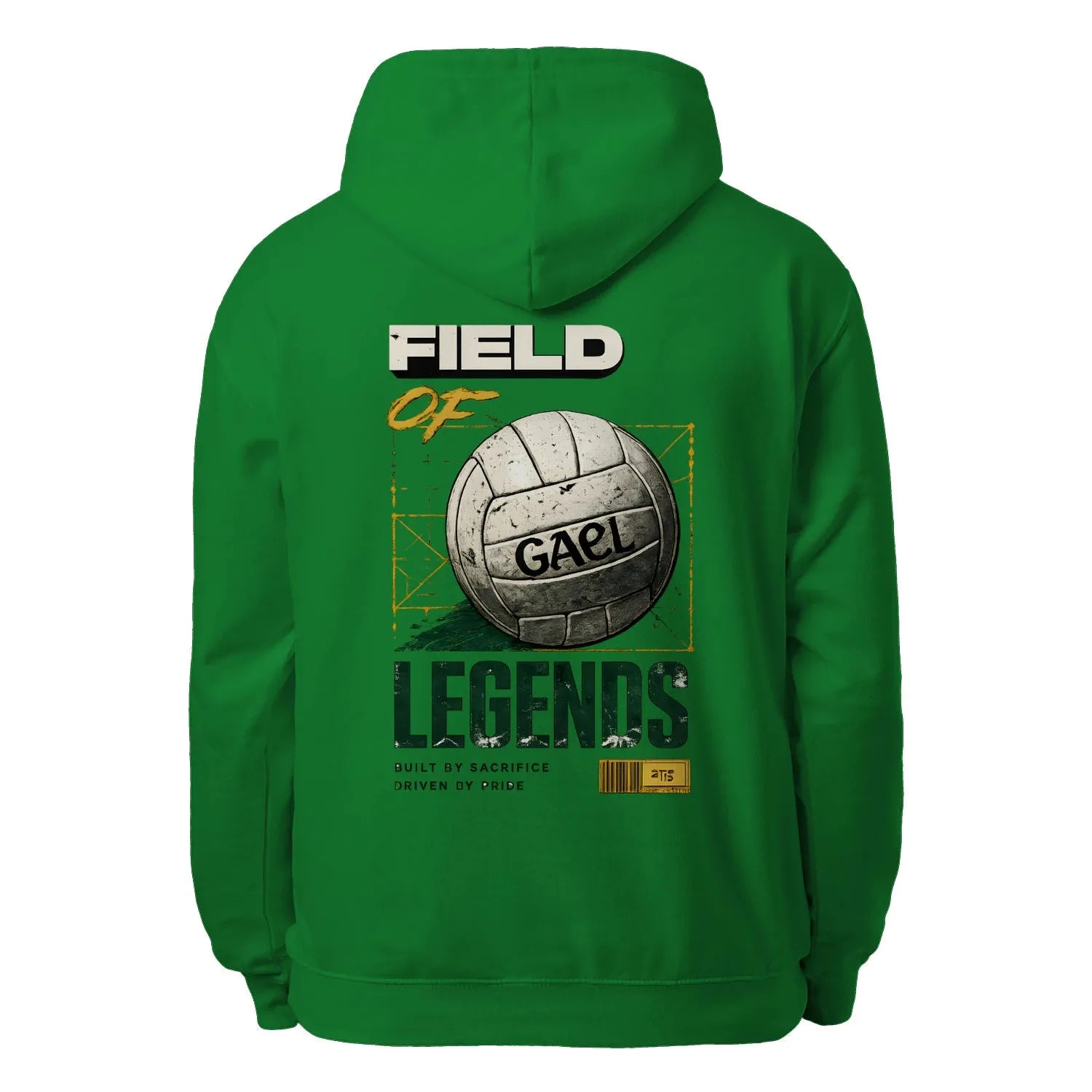 Kelly green unisex hoodie with large back print: Field of Legends graphic and text