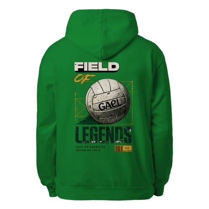 Kelly green unisex hoodie with large back print: Field of Legends graphic and text