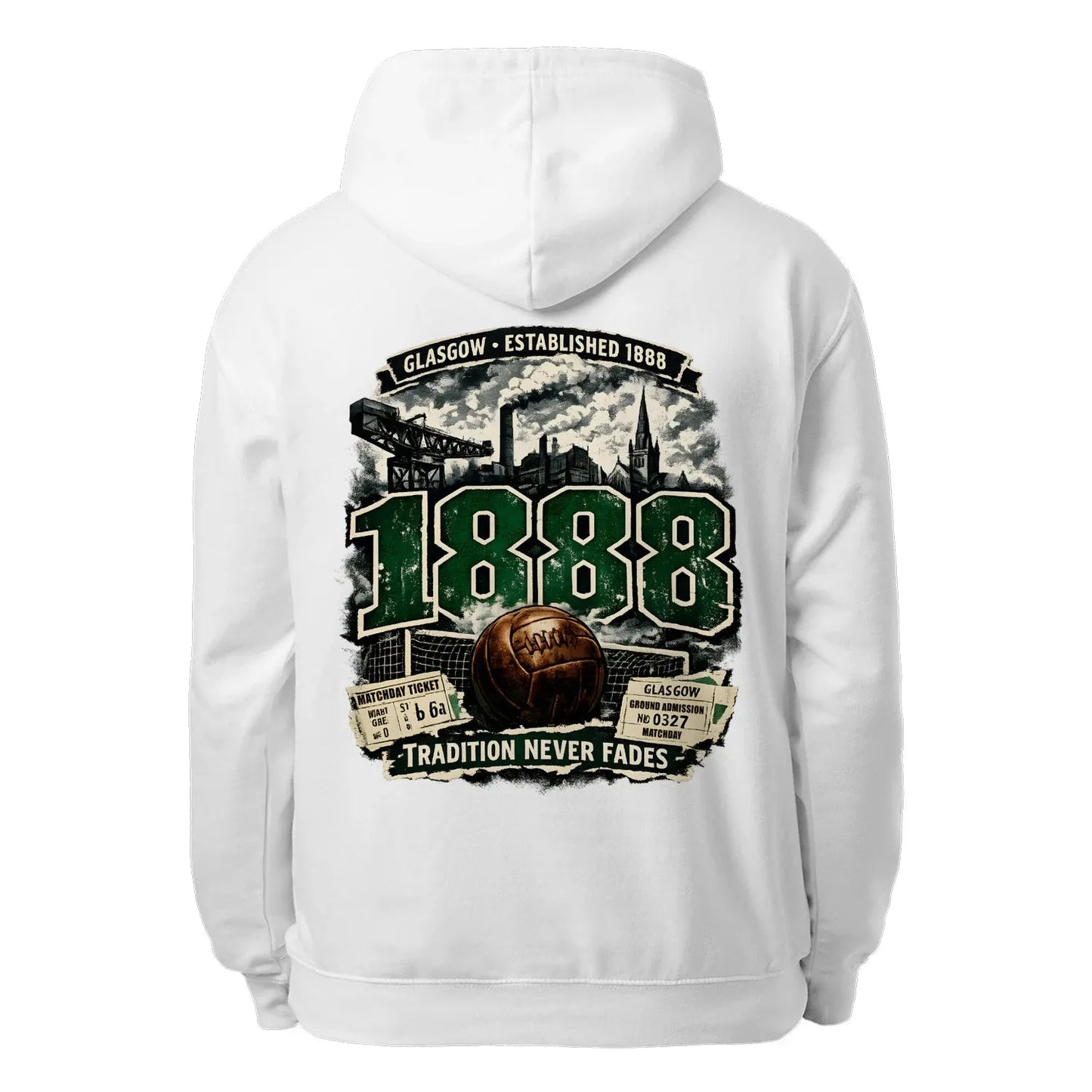 White unisex hoodie with large back graphic print and hood drawstrings