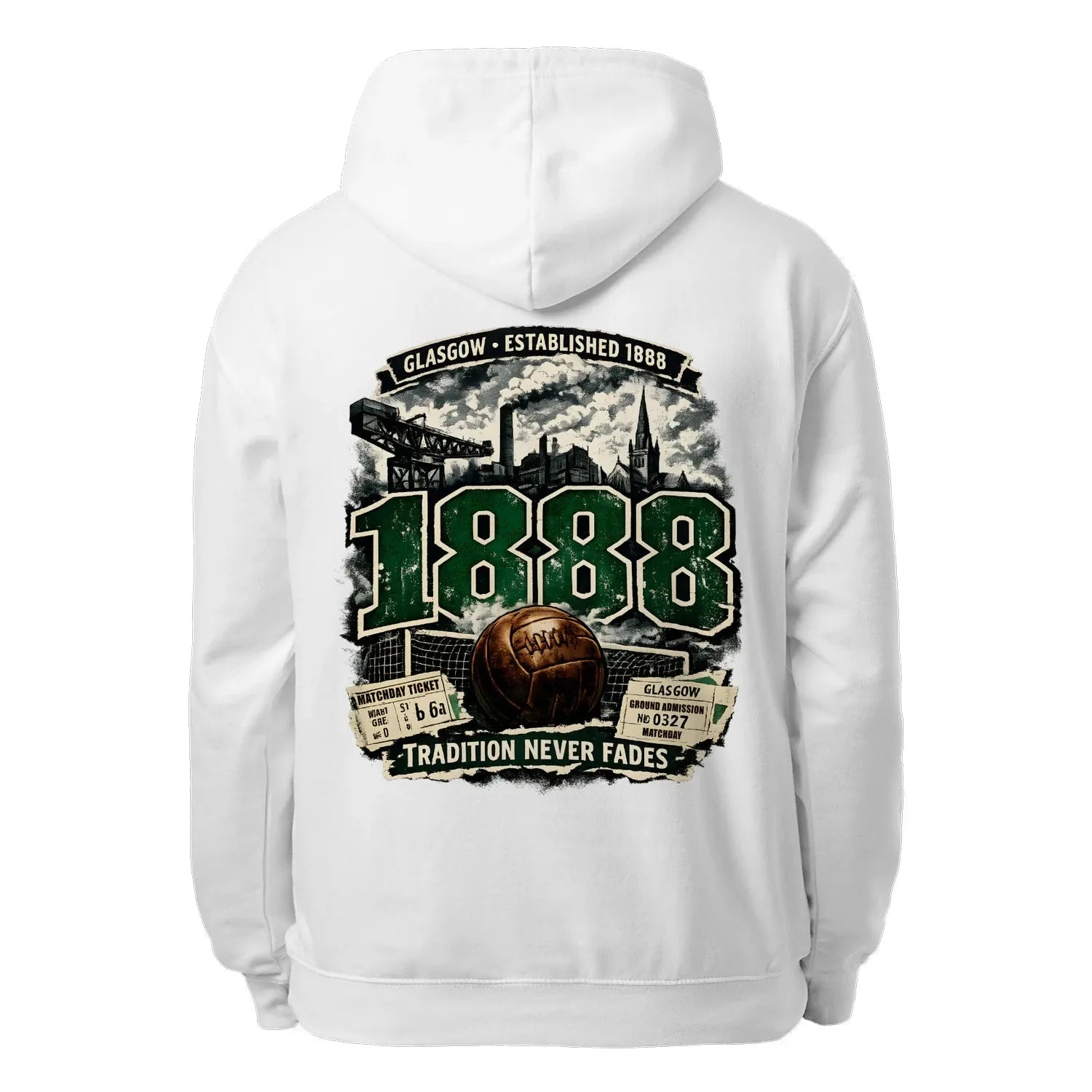 White unisex hoodie with large back graphic print and hood drawstrings
