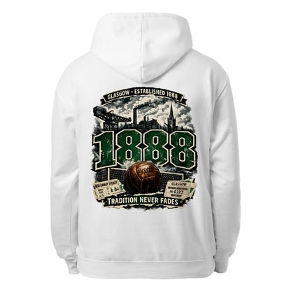 White unisex hoodie with large back graphic print and hood drawstrings