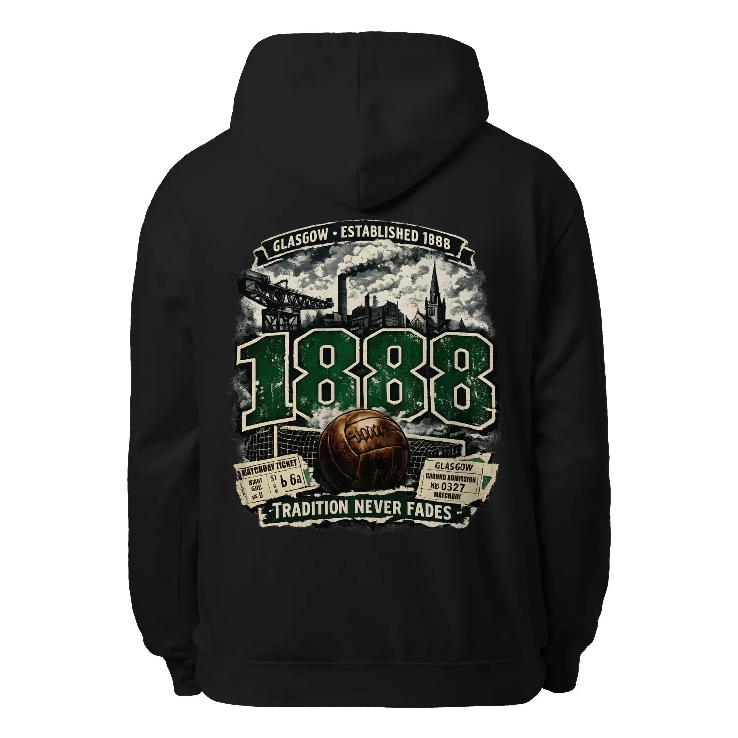 Black unisex hoodie with large back graphic print and hood drawstrings